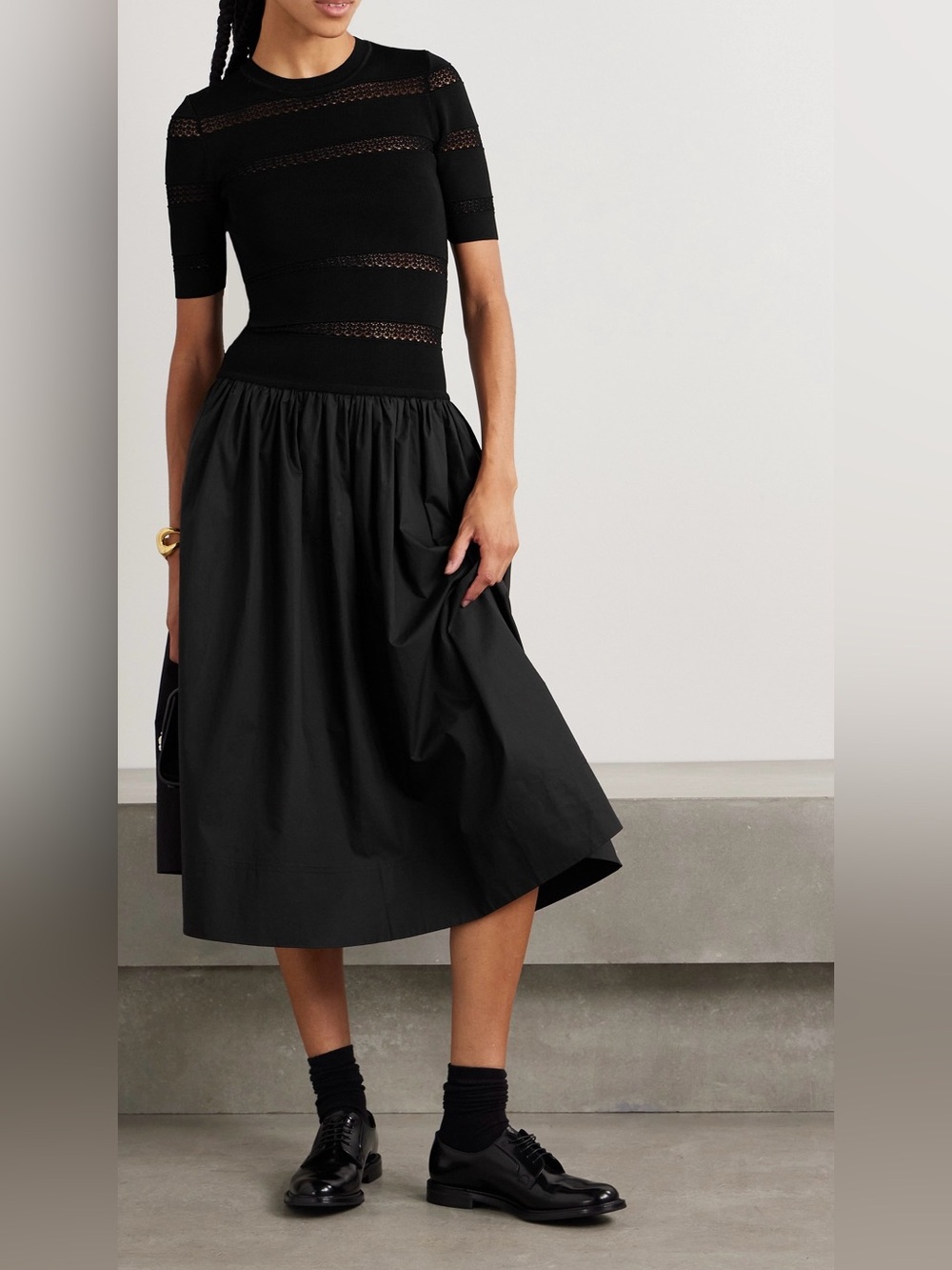 SEA black Devon paneled stretch-knit and cotton poplin midi dress XS